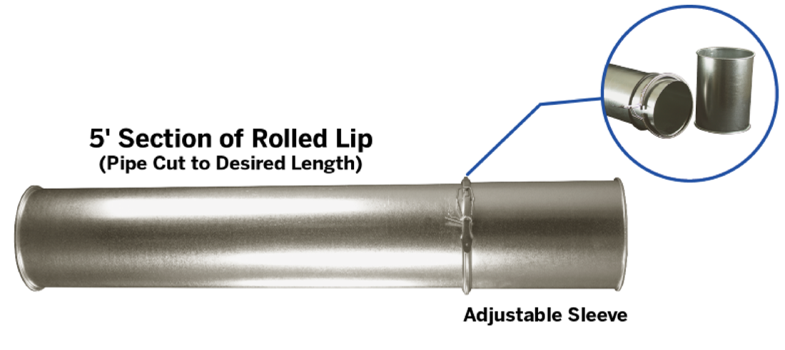 Clamp Together Duct is a joining system that uses a 5-foot section of rolled lip pipe and and 11-inch adjustable sleeve.