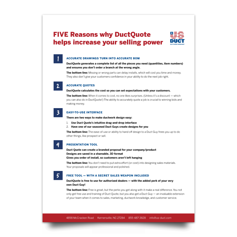 Mockup of PDF with 5 Reasons Why DuctQuote helps increase selling power