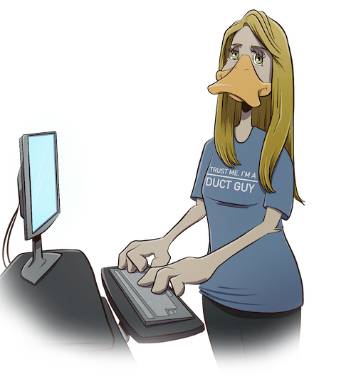 Illustration of US Duct Guy as a duck using a computer
