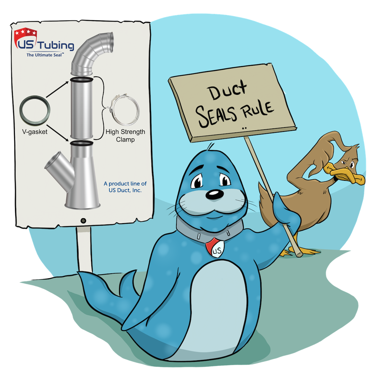 Cartoon seal holding a sign that says "seals rule ducks drool" to promote US Tubing.