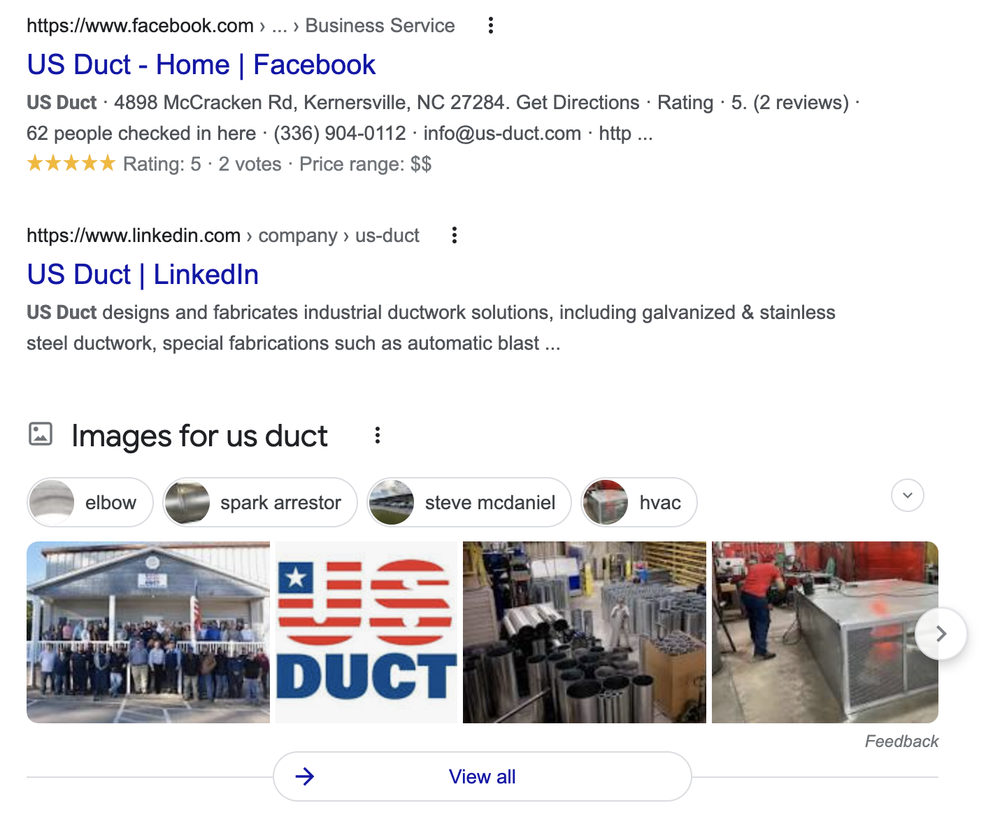 Screenshot of a google search for US Duct showing their social media profiles in the results 