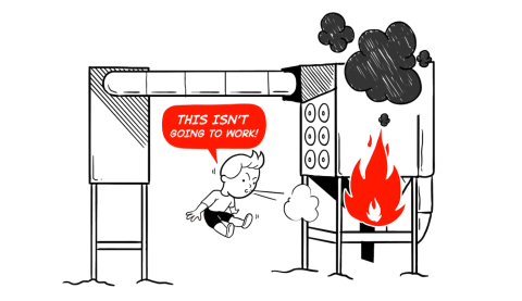Cartoon of a person trying to blow out a fire in their industrial dust collection system and saying, "This isn't going to work."